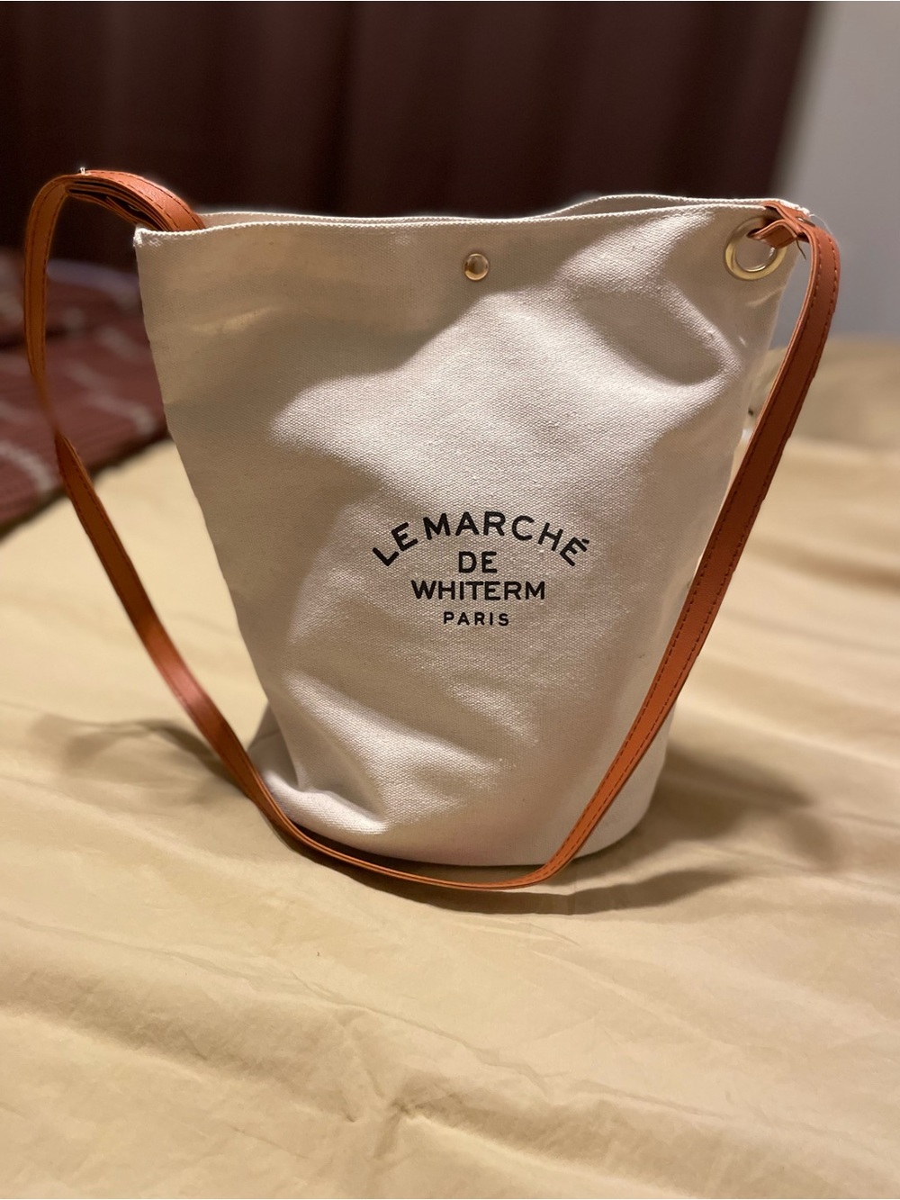 WHIT Canvas Bucket Bag in Cream with Tan Strap